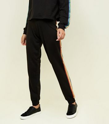 Black Rainbow Side Stripe Cuffed Joggers New Look