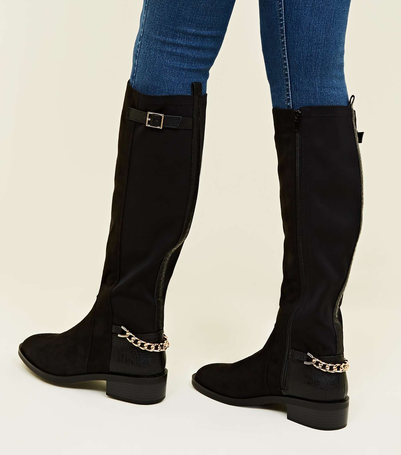 Black Suedette Chain Strap Knee High Boots Image 2