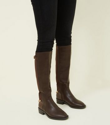Brown Leather-Look Chain Strap Knee 