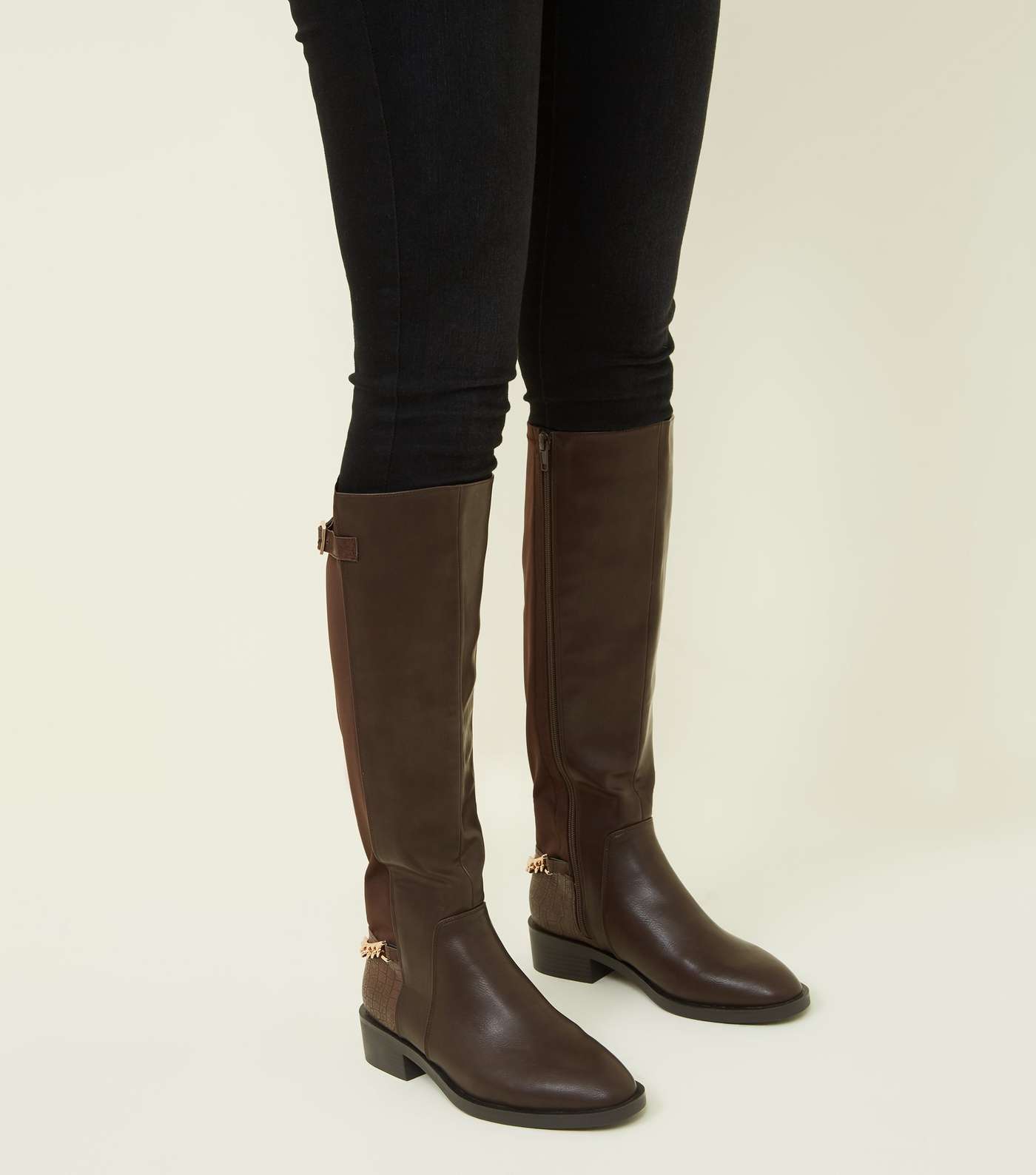 Brown Leather-Look Chain Strap Knee High Boots Image 2
