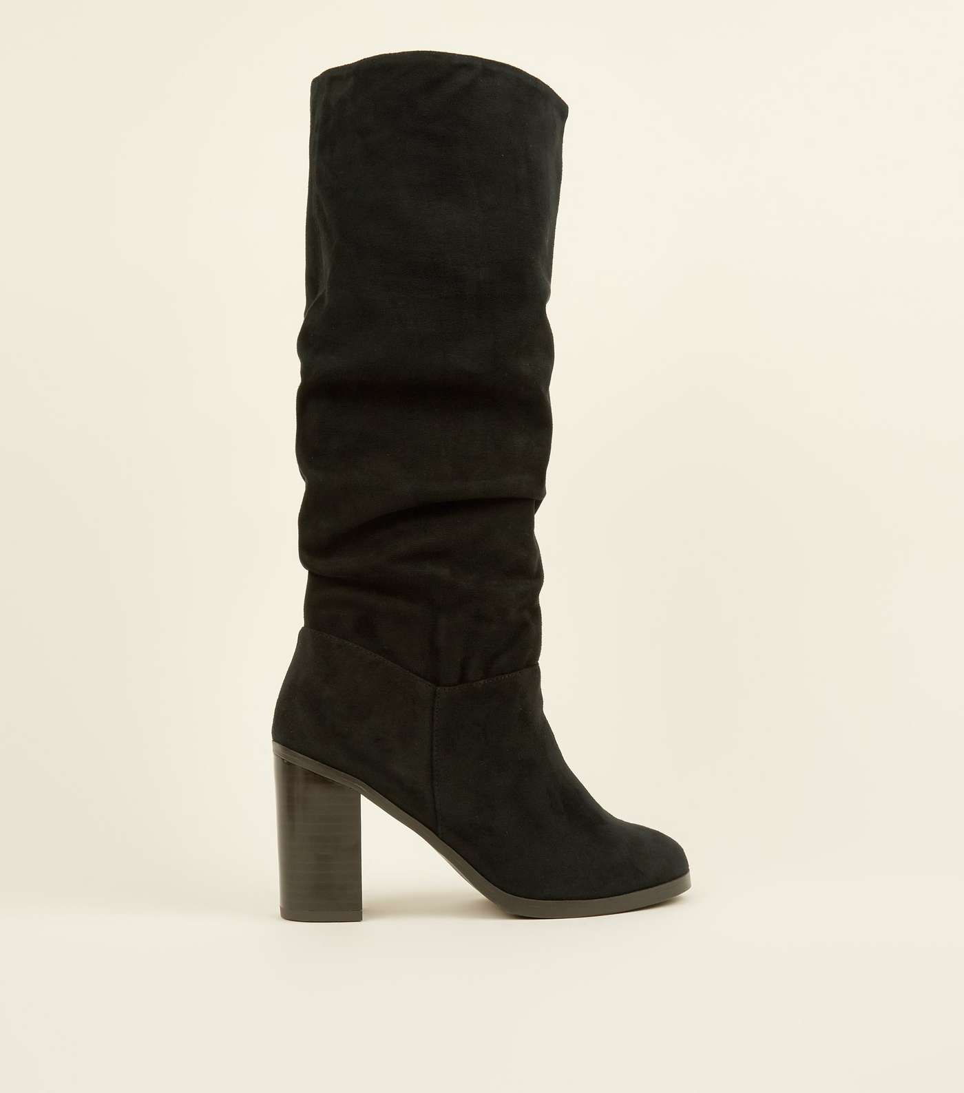 Black Block Heel Knee High Slouch Boots