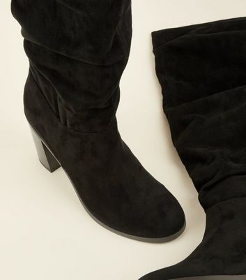 Black Block Heel Knee High Slouch Boots 