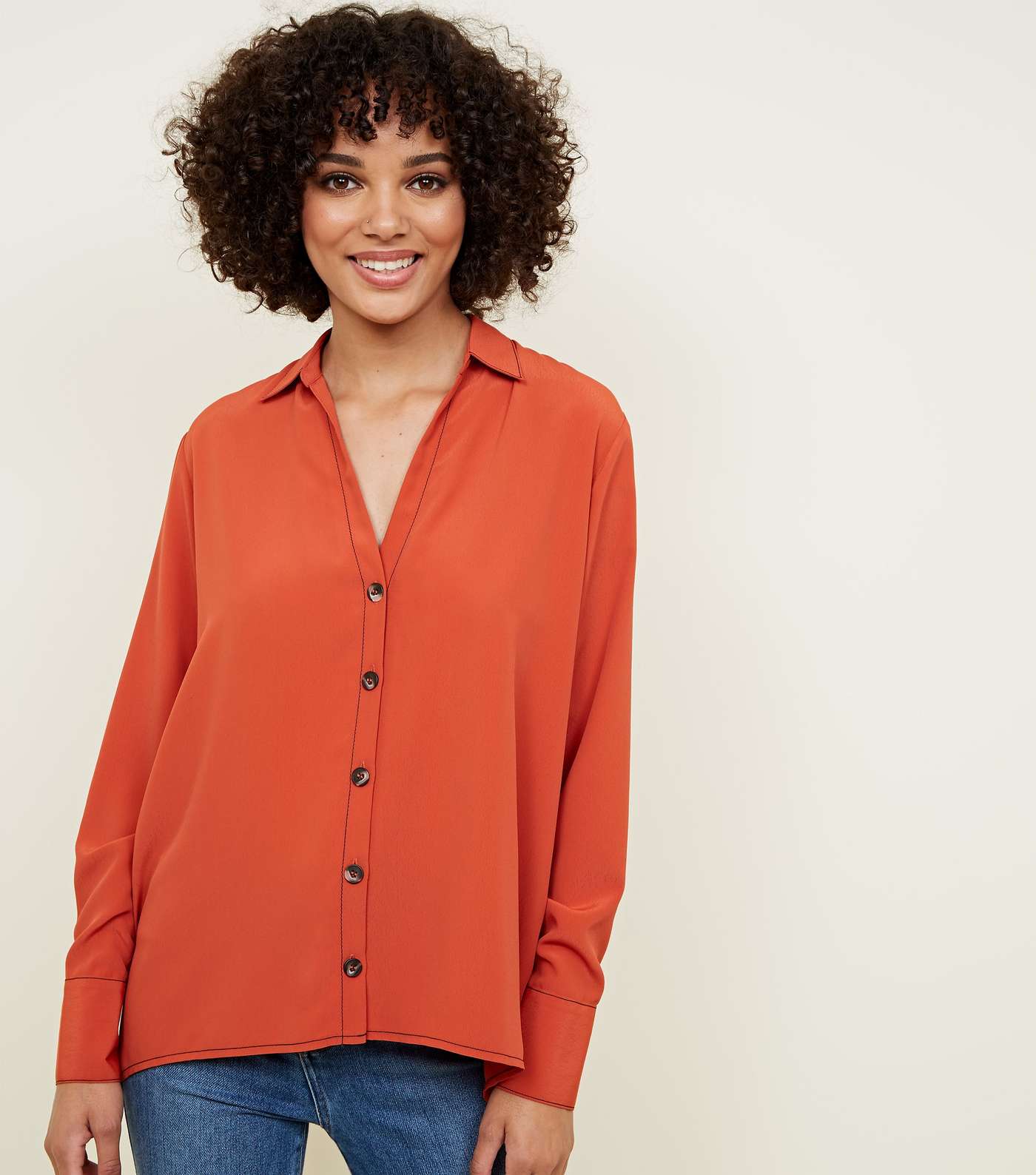 Orange Open Collar Contrast Stitch Shirt