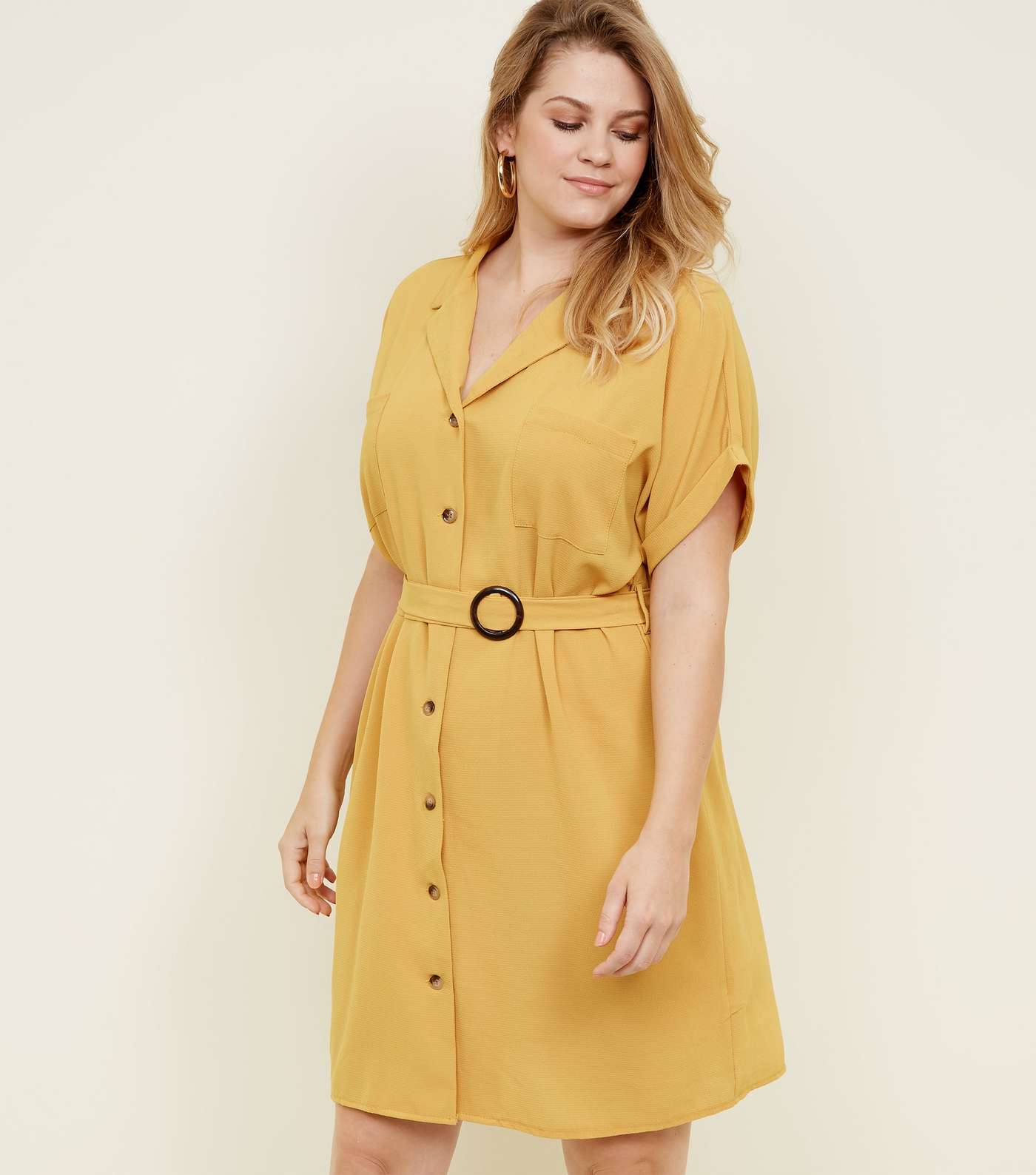 Curves Yellow Revere Collar Belted Shirt Dress