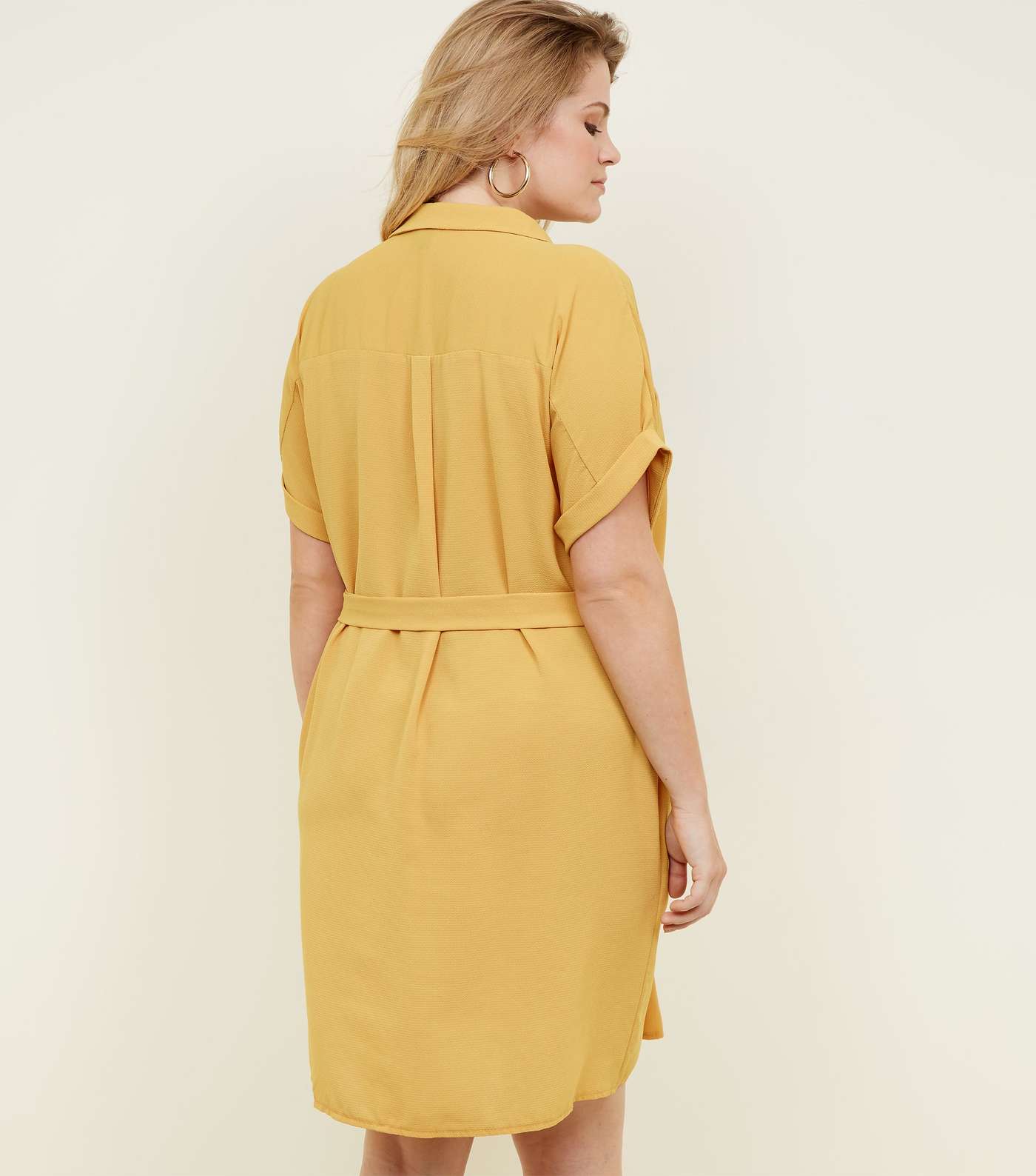 Curves Yellow Revere Collar Belted Shirt Dress Image 3