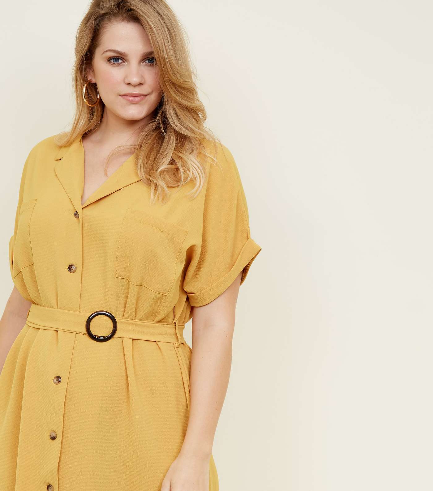 Curves Yellow Revere Collar Belted Shirt Dress Image 5