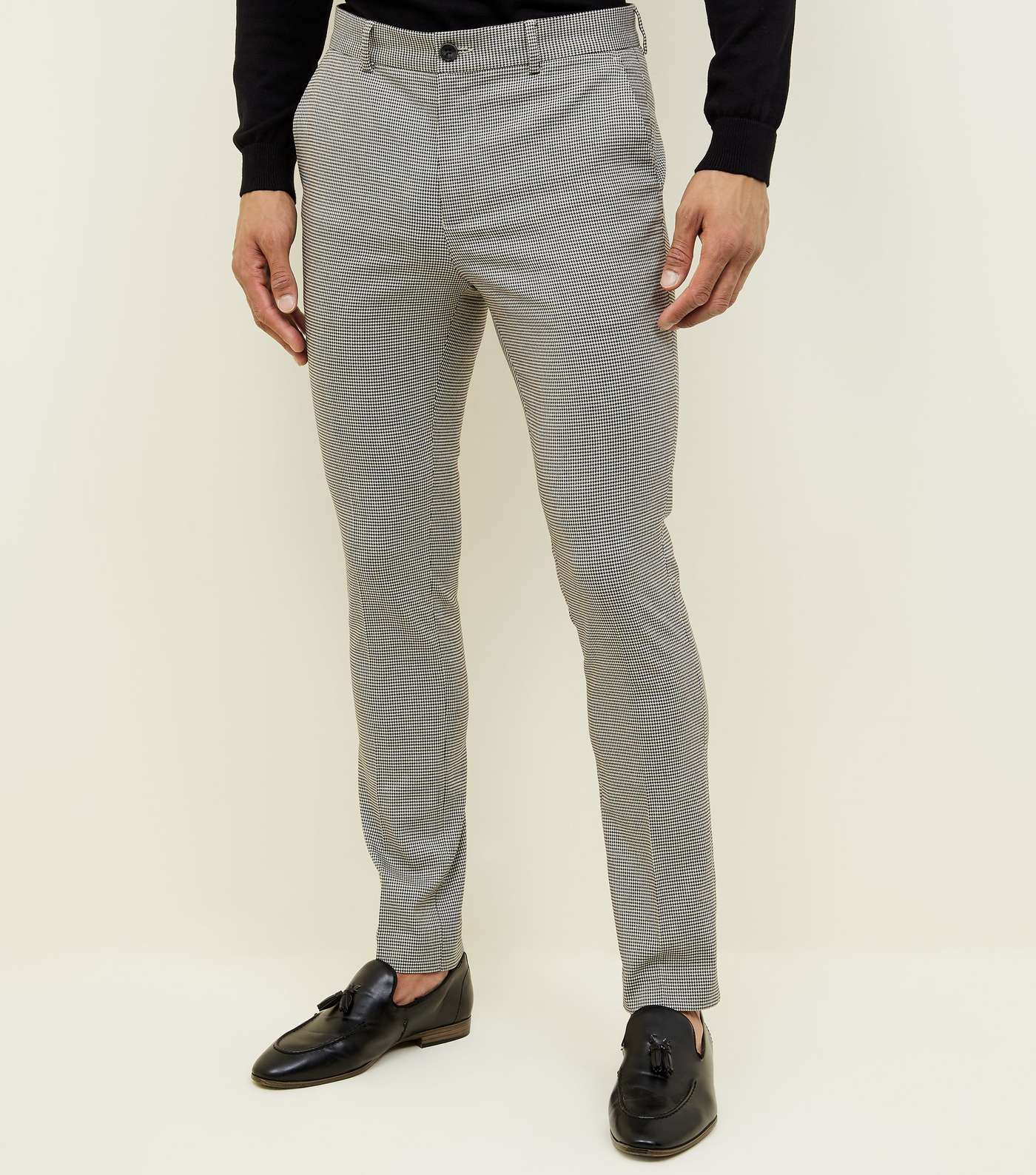 Pale Grey Houndstooth Check Skinny Trousers