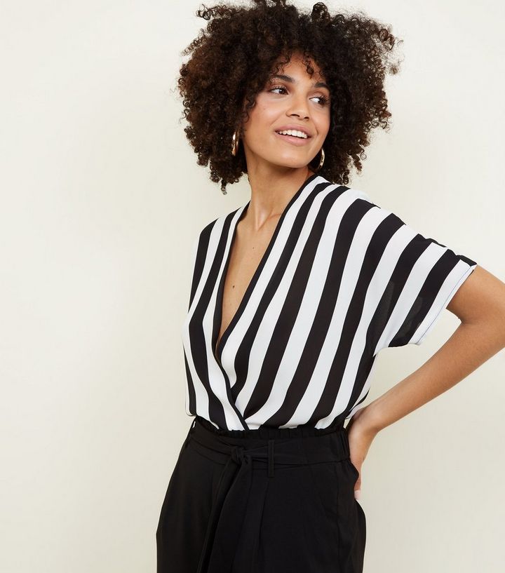 Black And White Stripe Wrap Front Bodysuit New Look