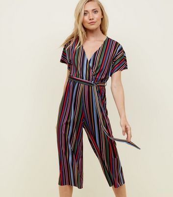 Petite Black Rainbow Stripe Ribbed Jumpsuit