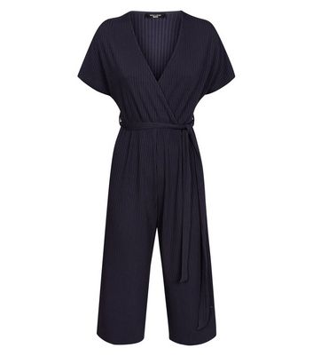 black ribbed wrap front culotte jumpsuit