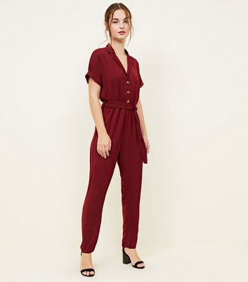 Petite Burgundy Button Front Tapered Jumpsuit