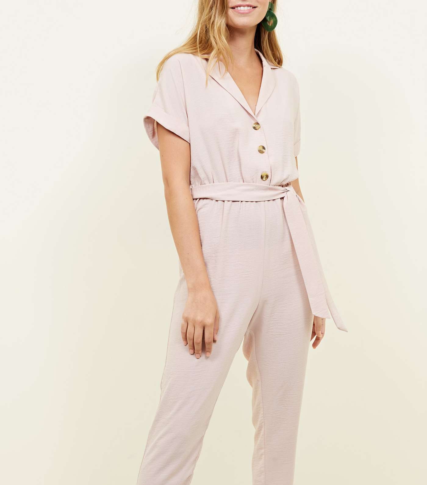 Petite Pale Pink Button Front Tapered Jumpsuit Image 2