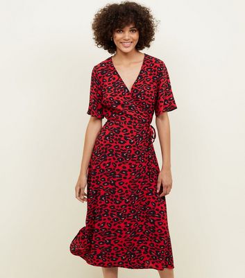 Red Animal Print Midi Wrap Dress | New Look