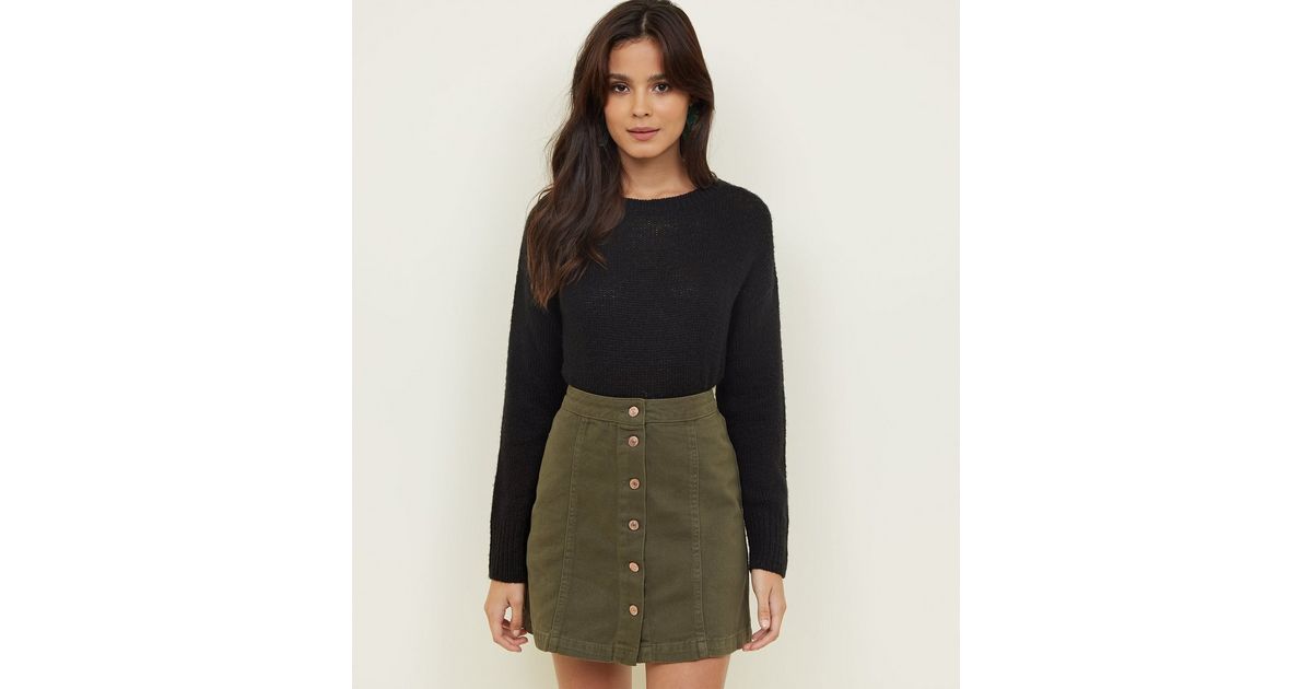 Khaki Button Front ALine Denim Skirt New Look