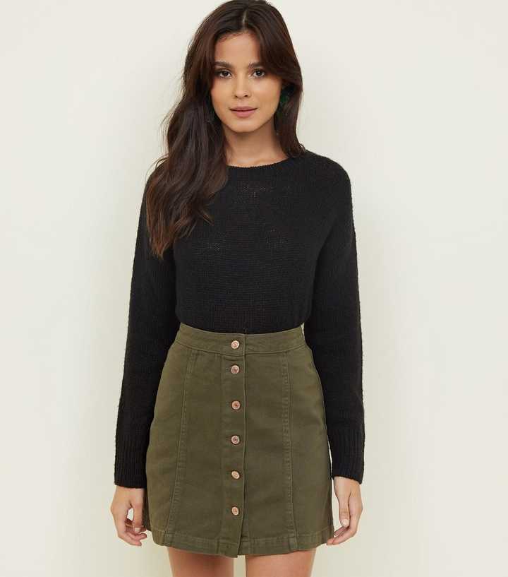 Khaki Button Front A-Line Denim Skirt