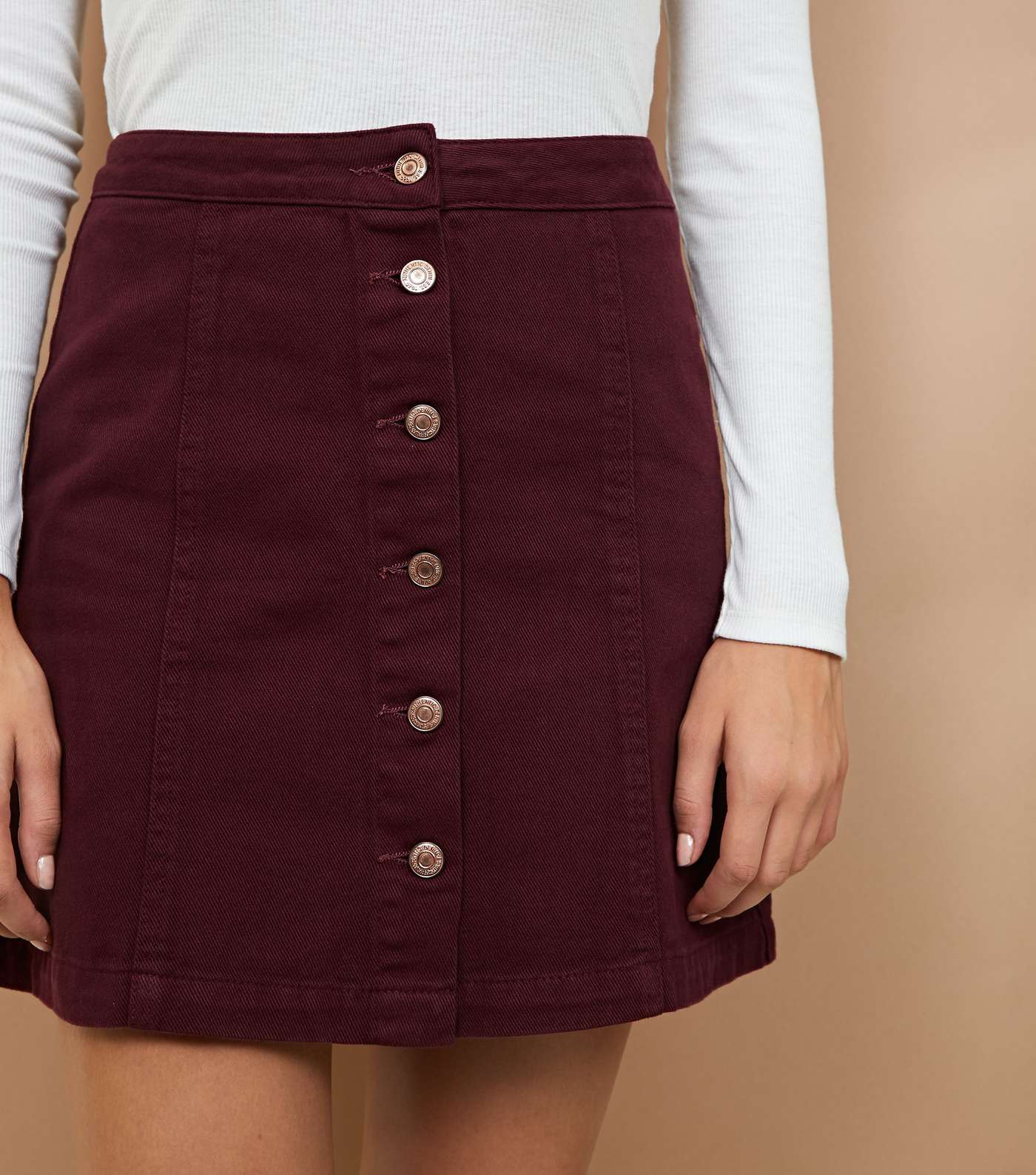 Burgundy Button Front A-Line Denim Skirt Image 5