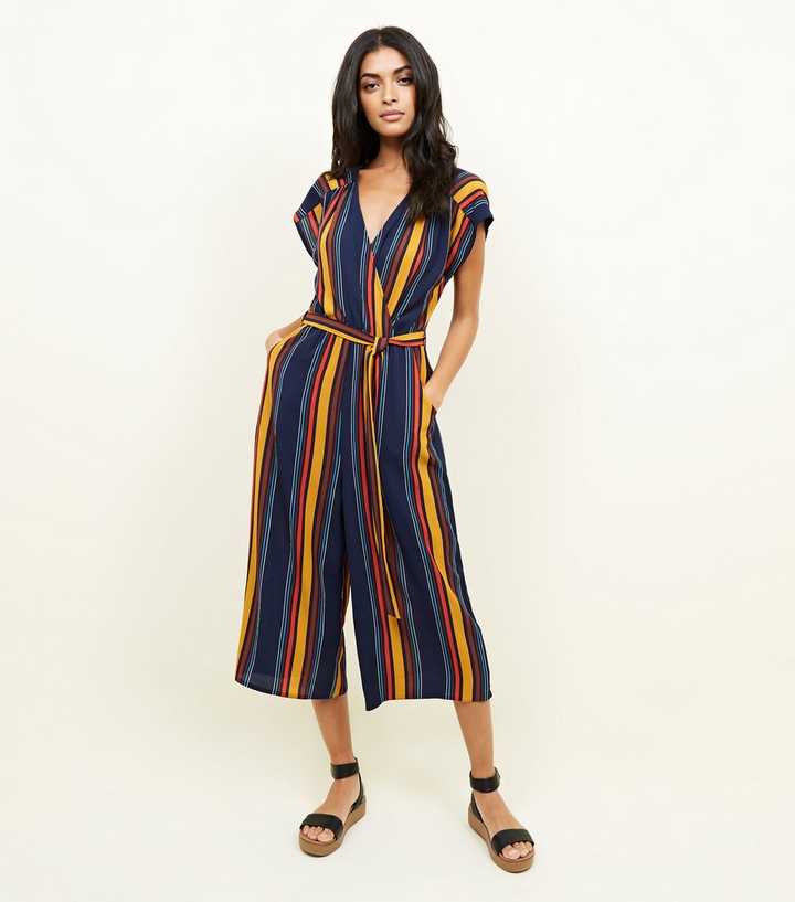 Navy Stripe Wrap Front Culotte Jumpsuit