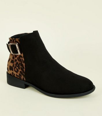 Black Faux Leopard Print Buckle Boots 