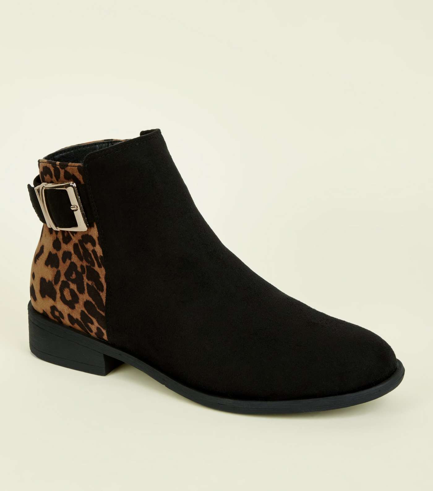 Girls Black Faux Leopard Print Buckle Boots