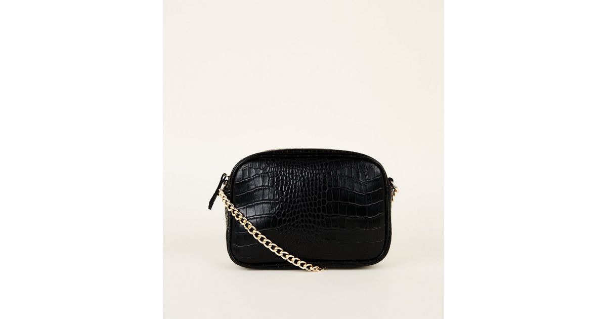 Black Faux Croc Cross Body Bag New Look