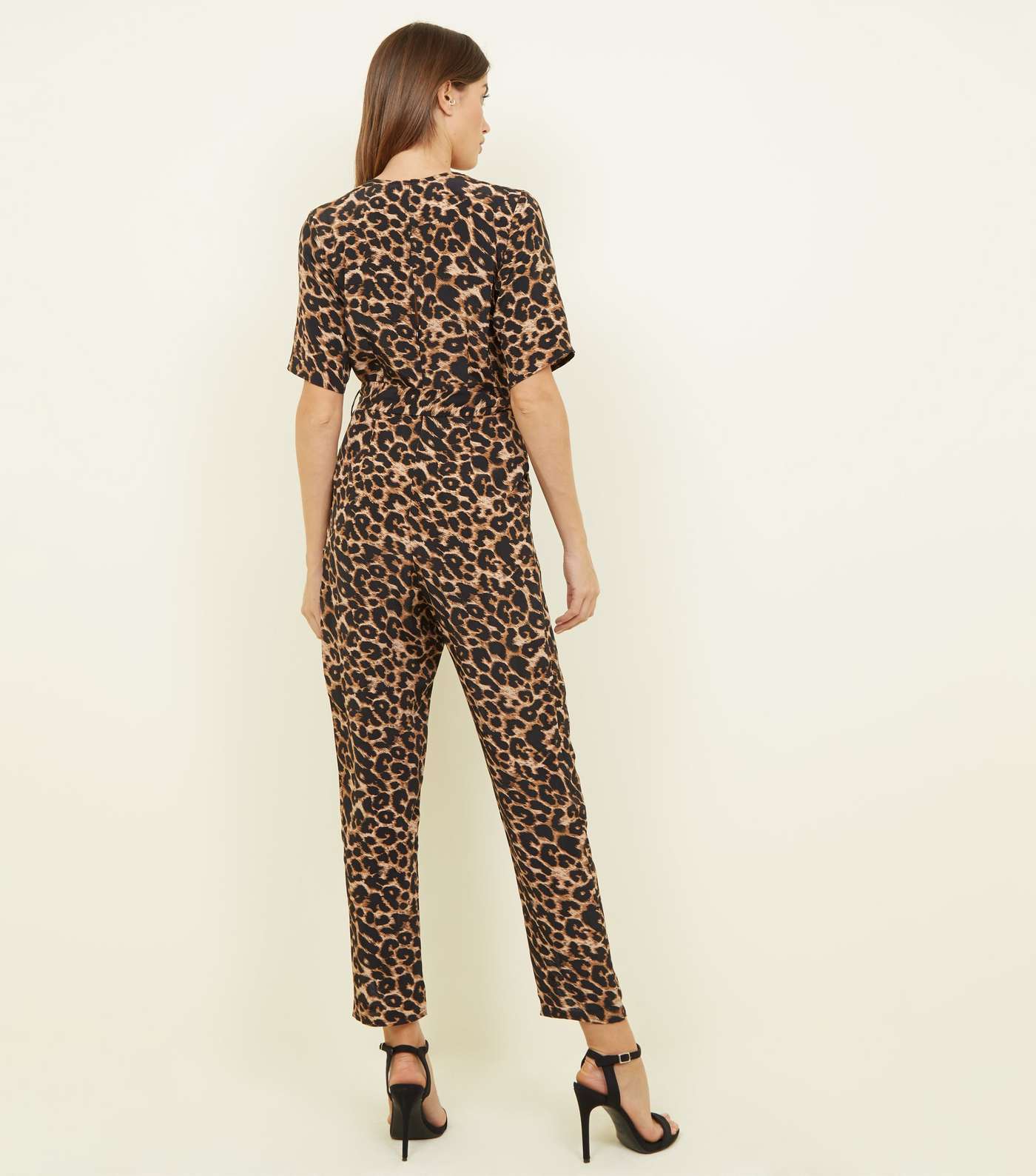 Brown Leopard Print Revere Collar Wrap Jumpsuit  Image 3