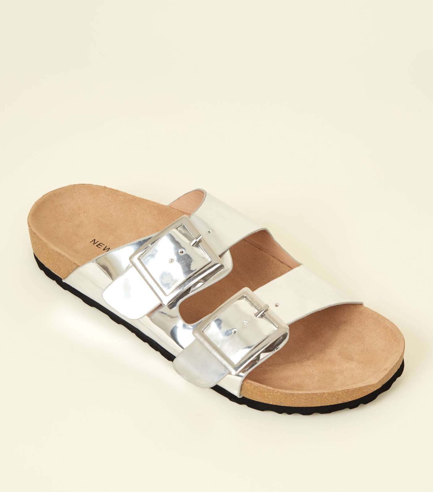 Silver Metallic Double Buckle Footbed Sandals