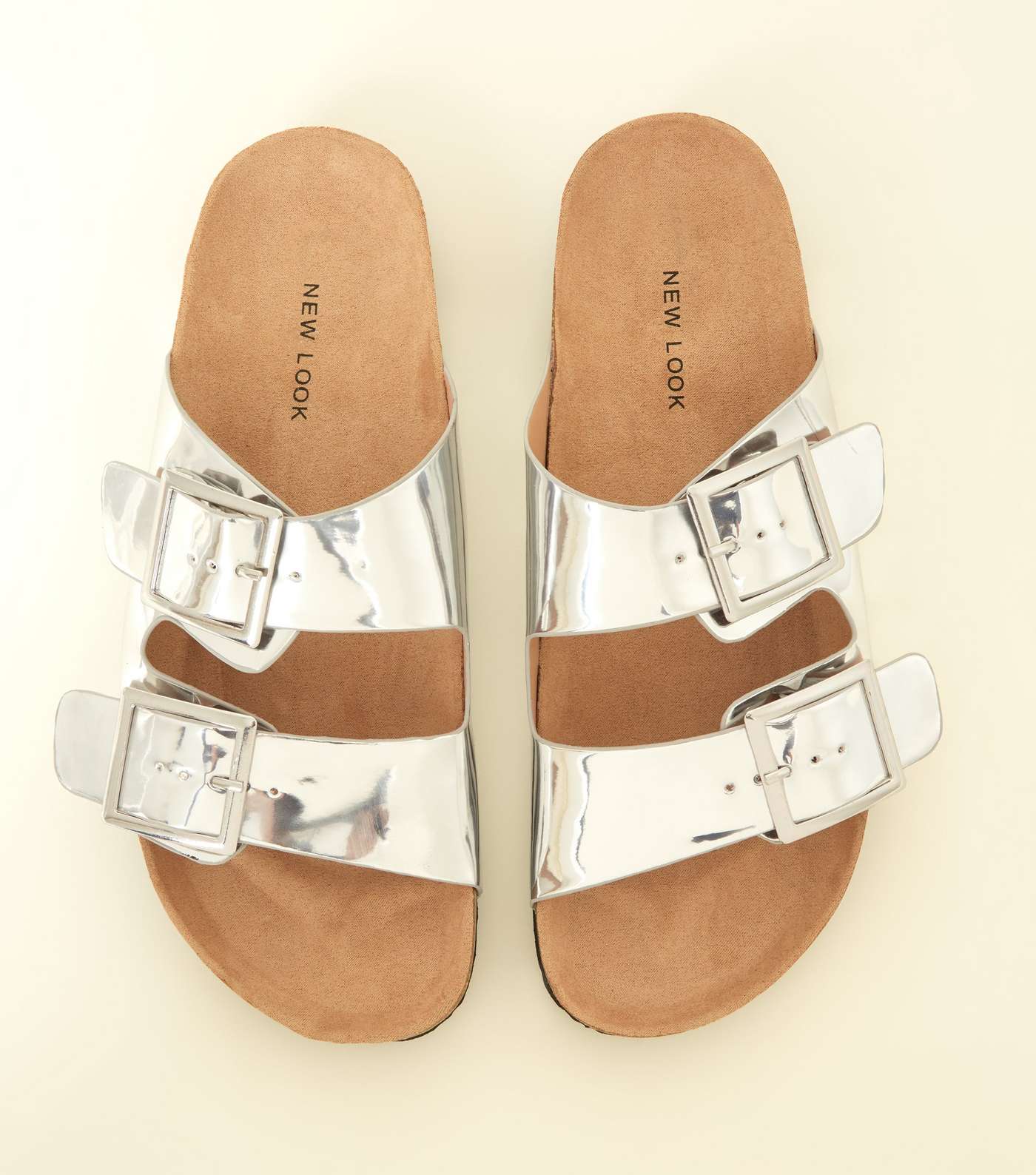 Silver Metallic Double Buckle Footbed Sandals Image 3