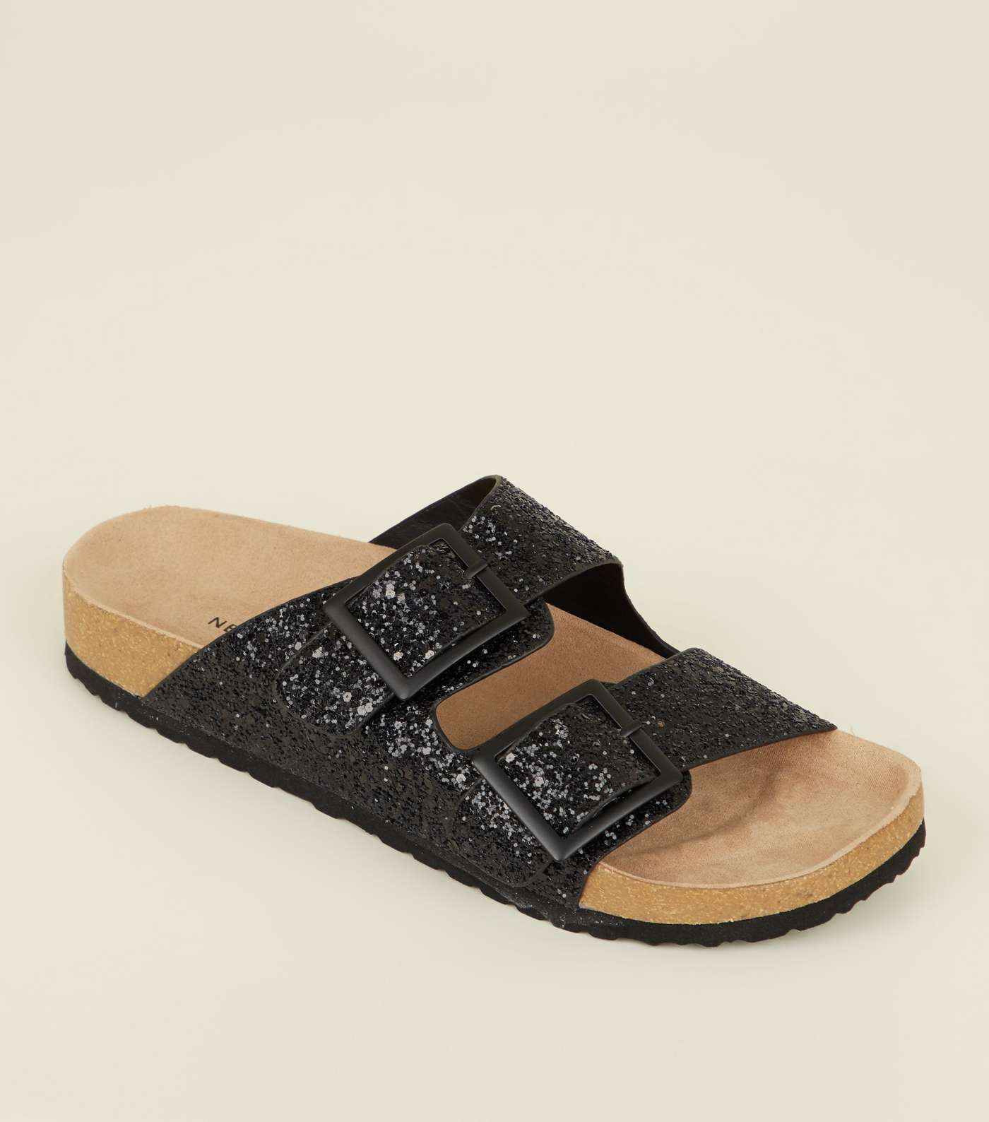 Black Glitter Double Buckle Footbed Sandals