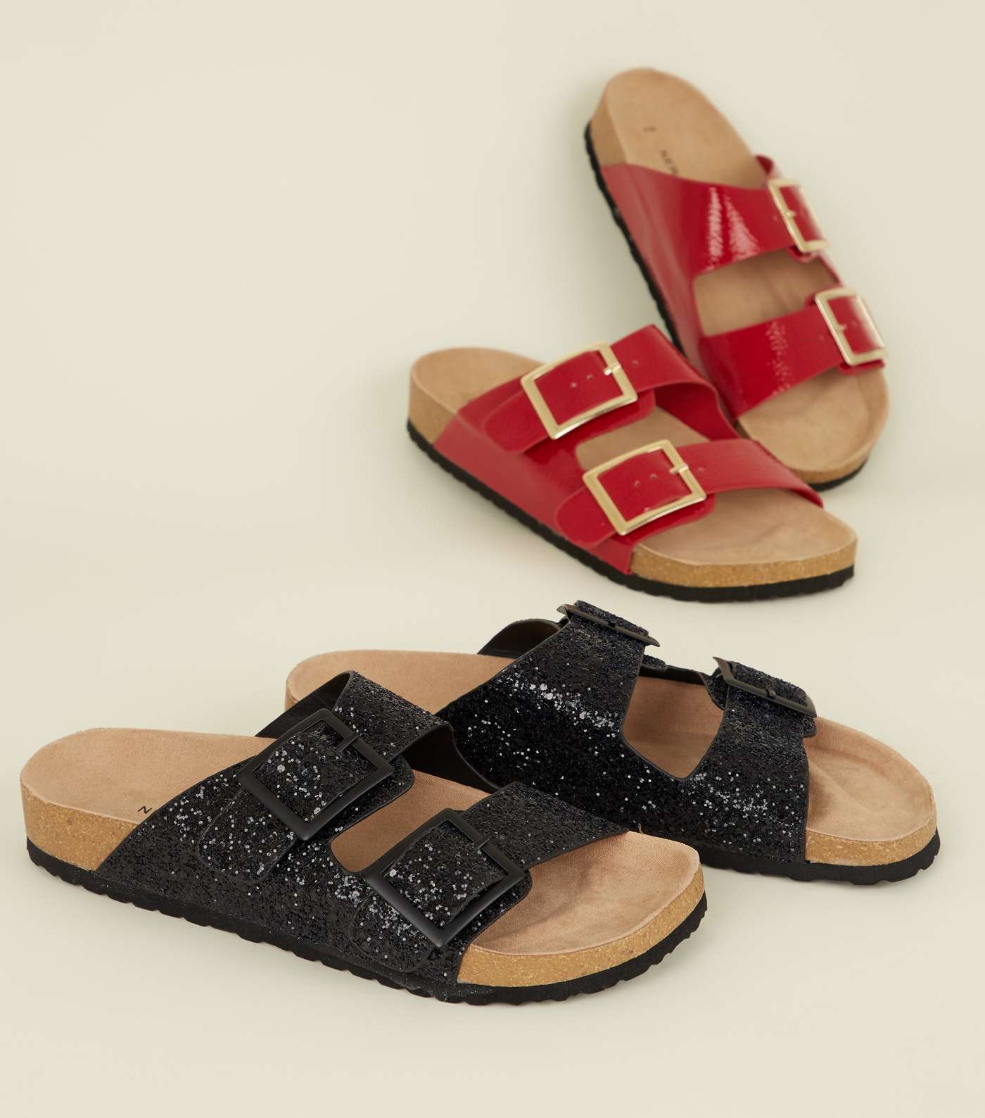Black Glitter Double Buckle Footbed Sandals Image 5