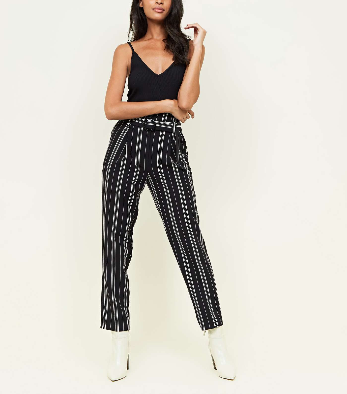 Black Stripe Belted Tapered Trousers