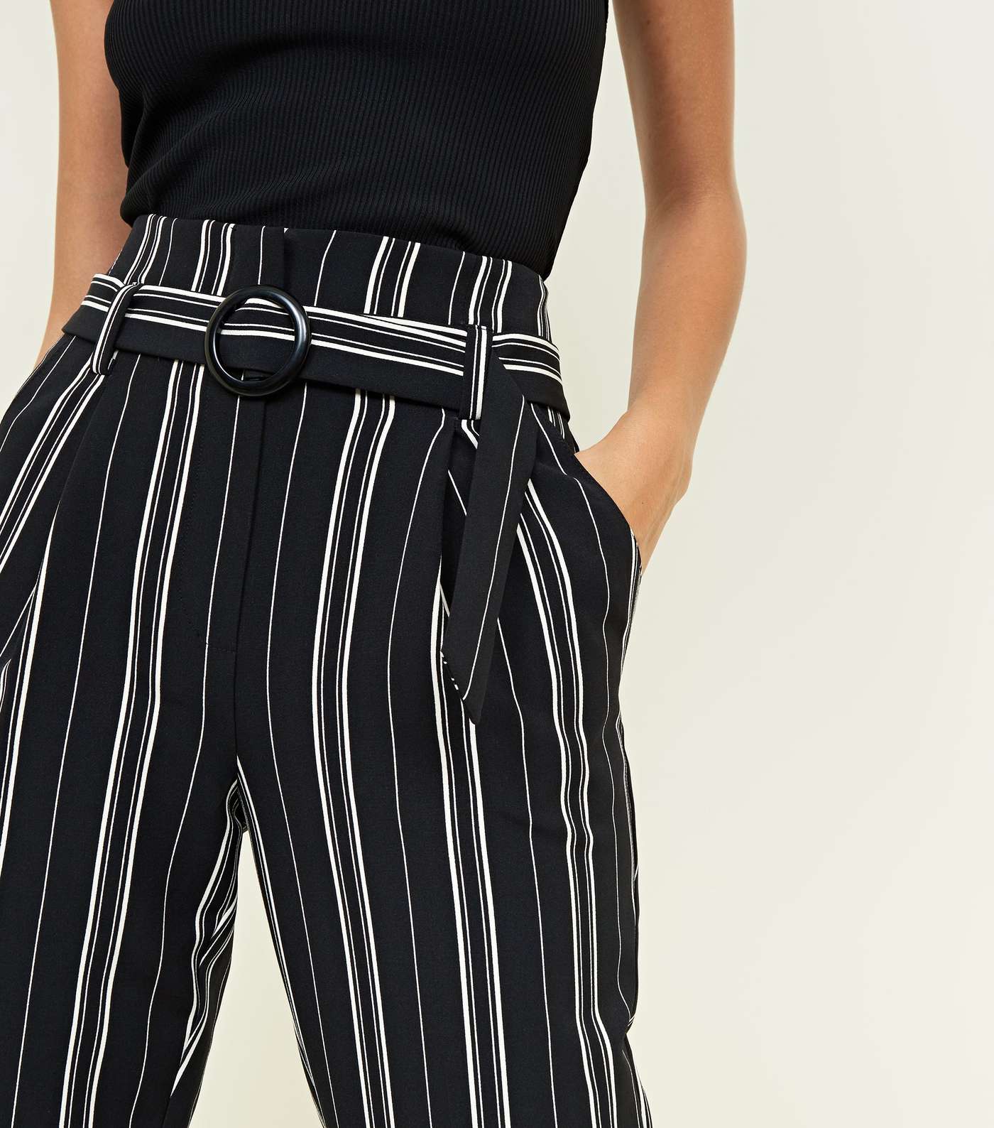 Black Stripe Belted Tapered Trousers Image 5