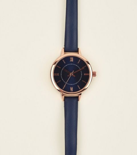 Navy Roman Dial Skinny Strap Watch