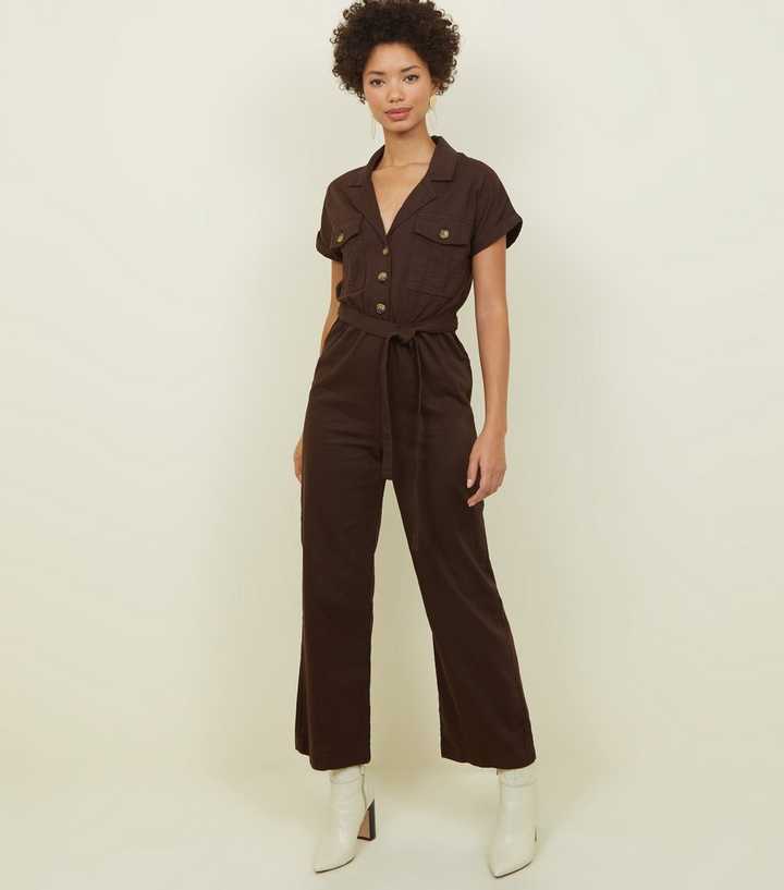 Dark Brown Denim Culotte Jumpsuit