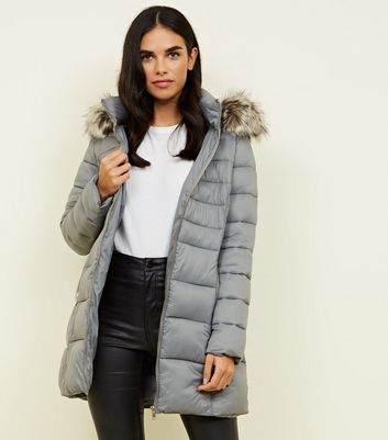 Grey Removable Hood Belted Longline Puffer Coat New Look