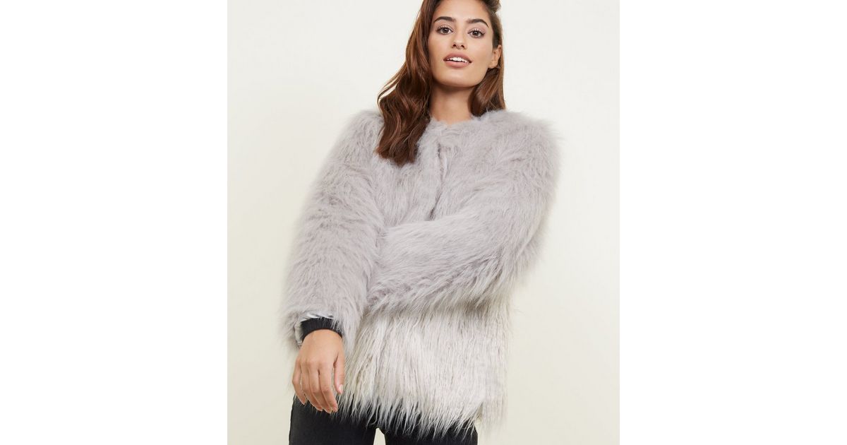 Light Grey Colour Block Faux Fur Coat, Fluffy Faux Fur Coat Grey