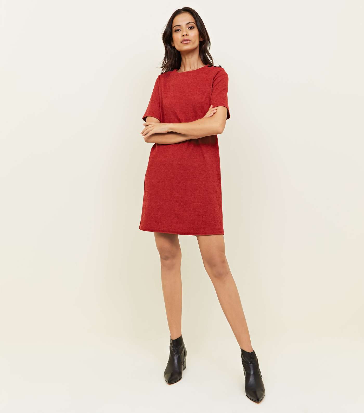 Red Crosshatch Button Shoulder Tunic Dress Image 2