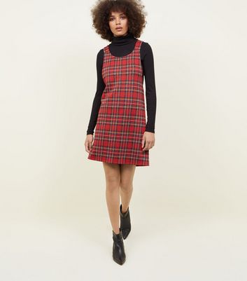 Red Tartan Jersey Pinafore Dress | New Look