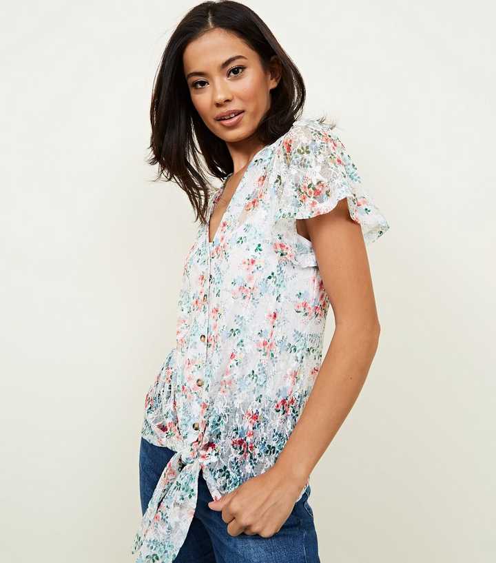 White Floral Print Lace Tie Front Blouse