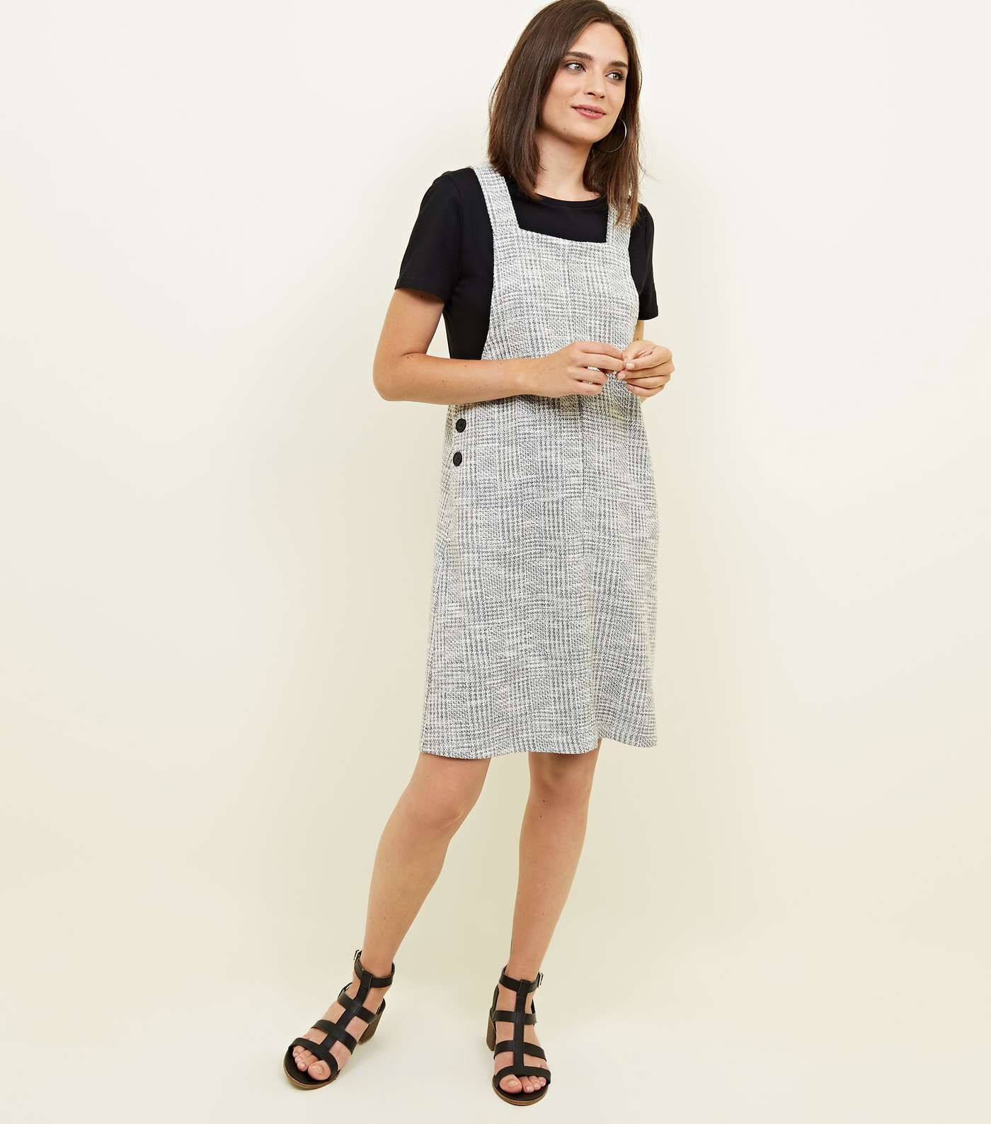 Grey Check Button Side Pinafore Dress 