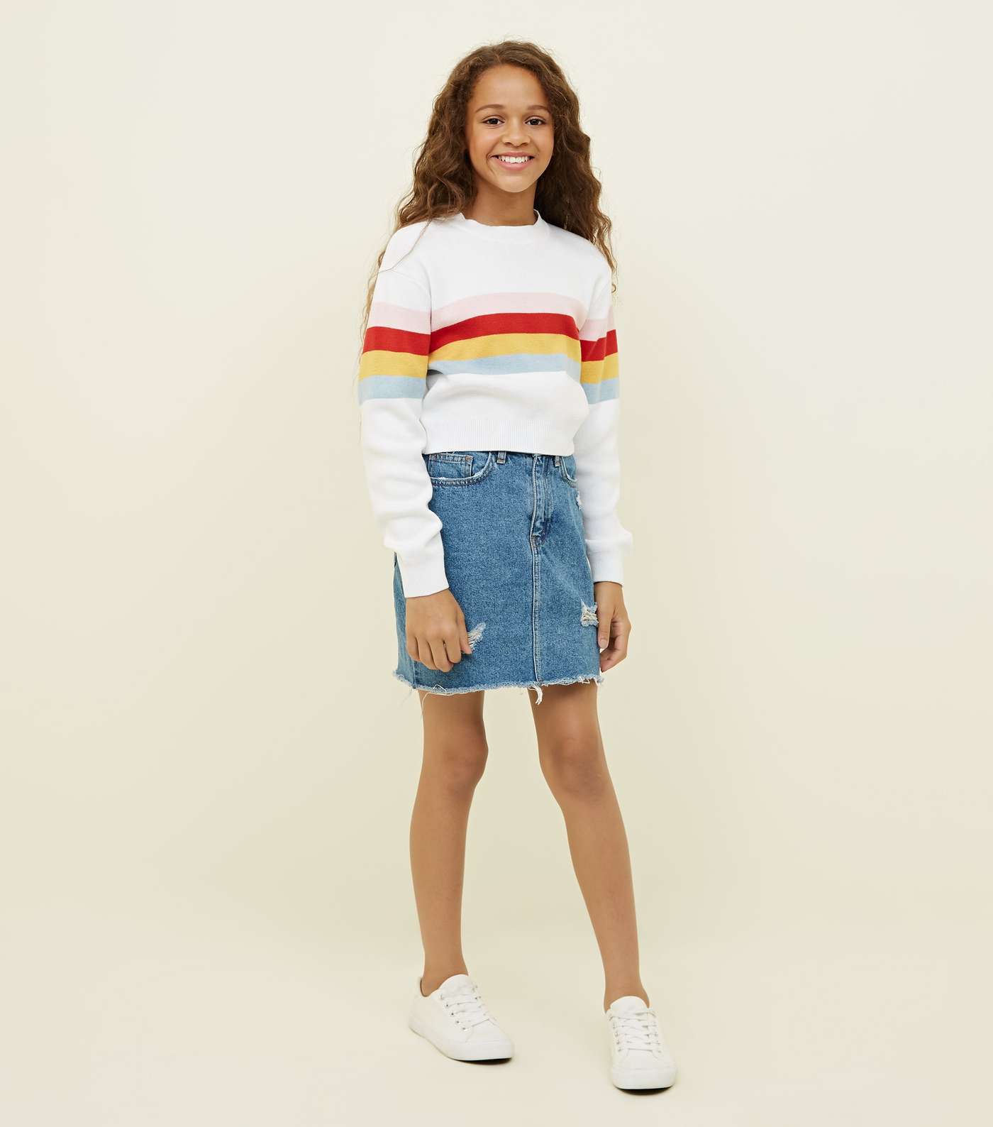 Girls White Rainbow Stripe Jumper  Image 2