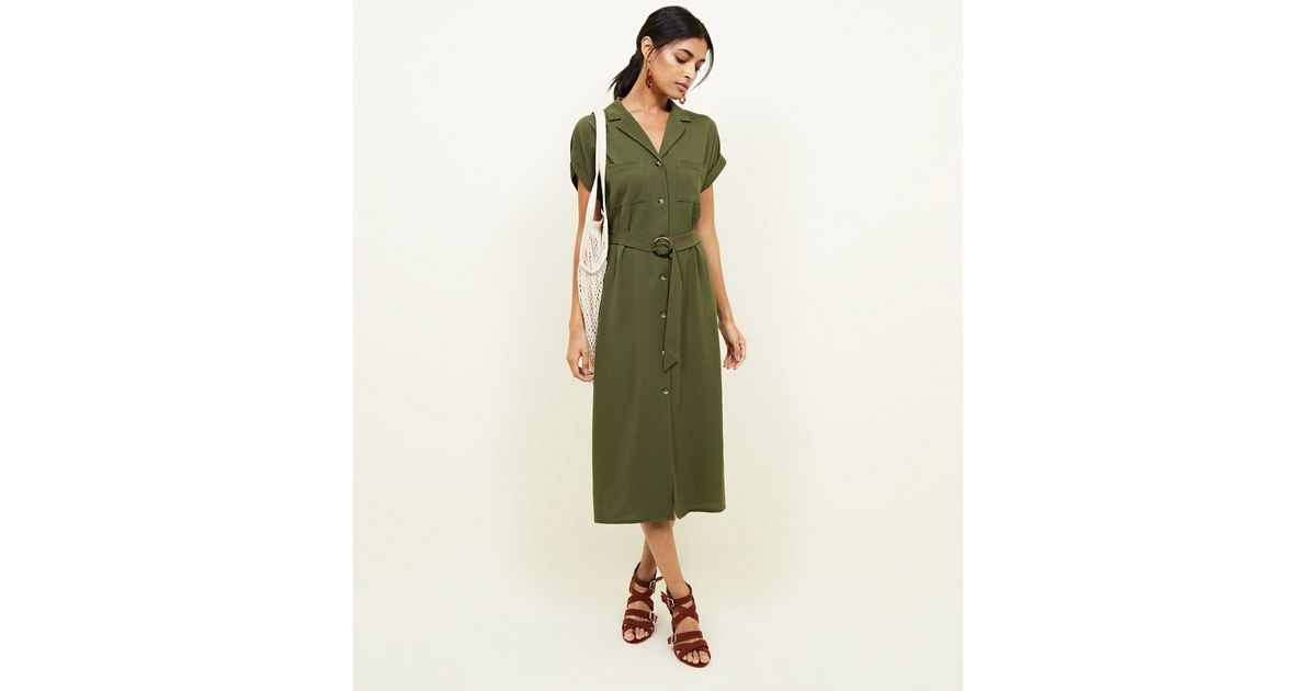 Khaki Button Front Belted Shirt Midi Dress New Look