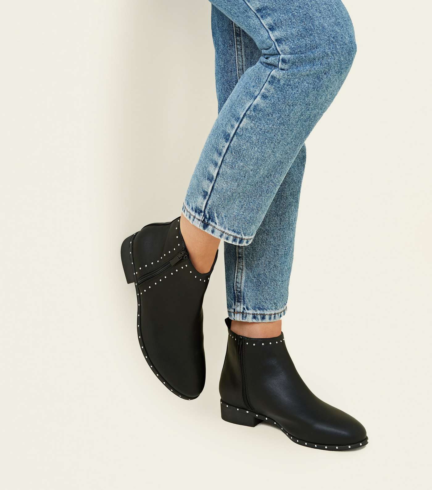 Wide Fit Black Zip Studded Ankle Boots Image 2