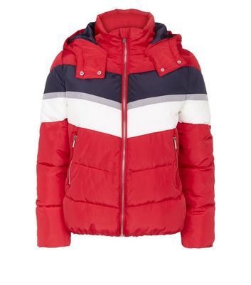 Red Colour Block Puffer Jacket New Look