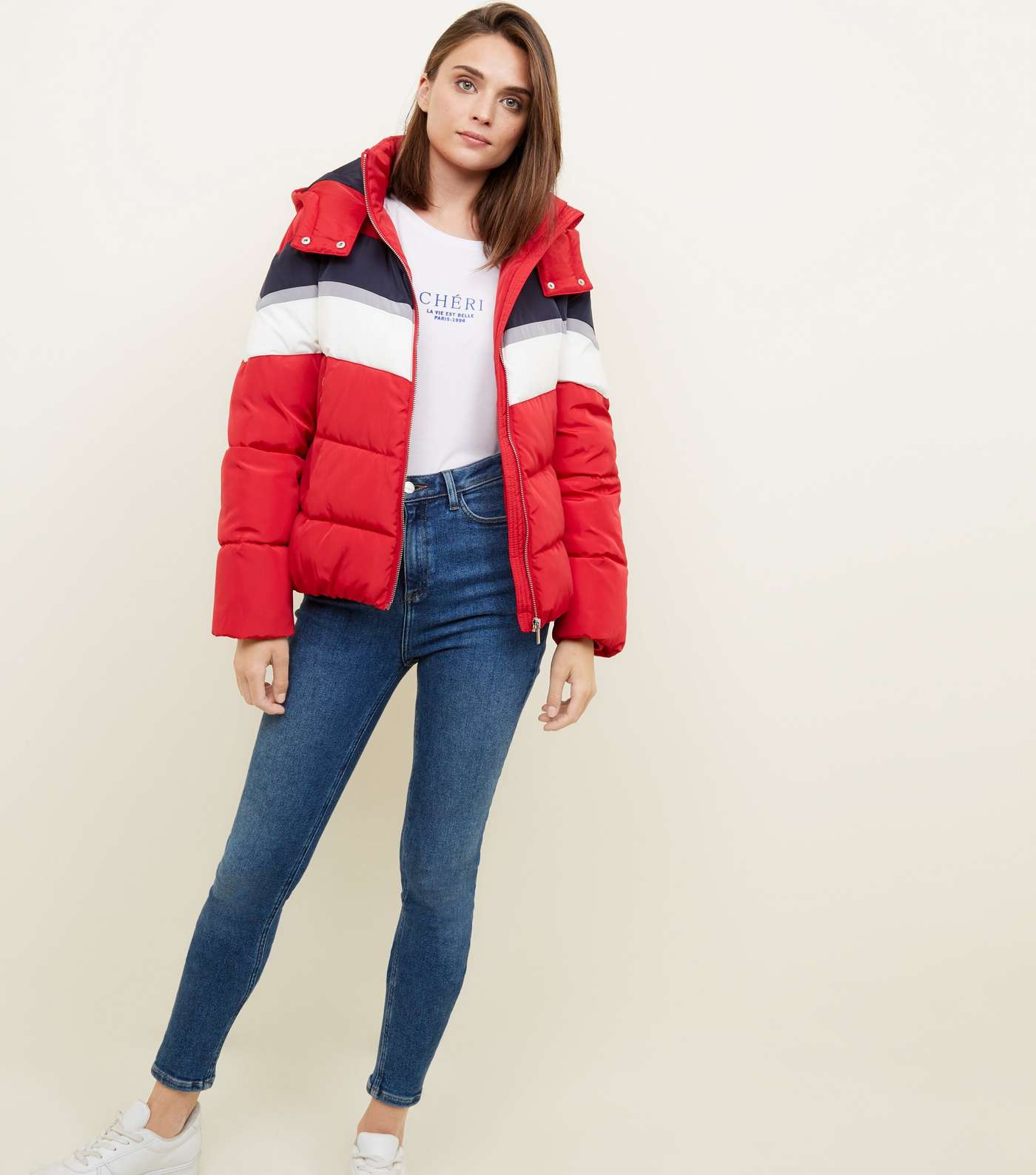 Red Colour Block Puffer Jacket Image 2