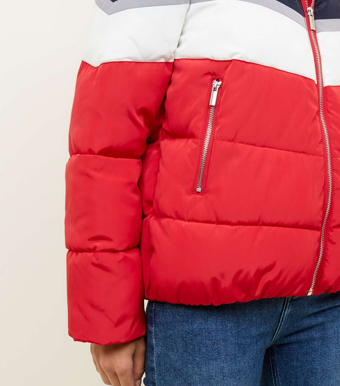 Red Colour Block Puffer Jacket Image 6