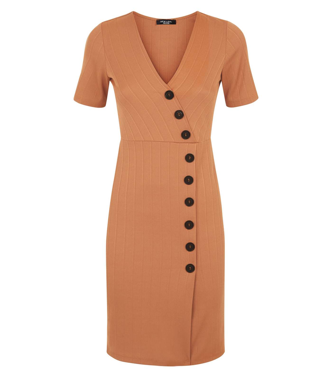 Petite Rust Ribbed Jersey Button Wrap Bodycon Dress Image 4