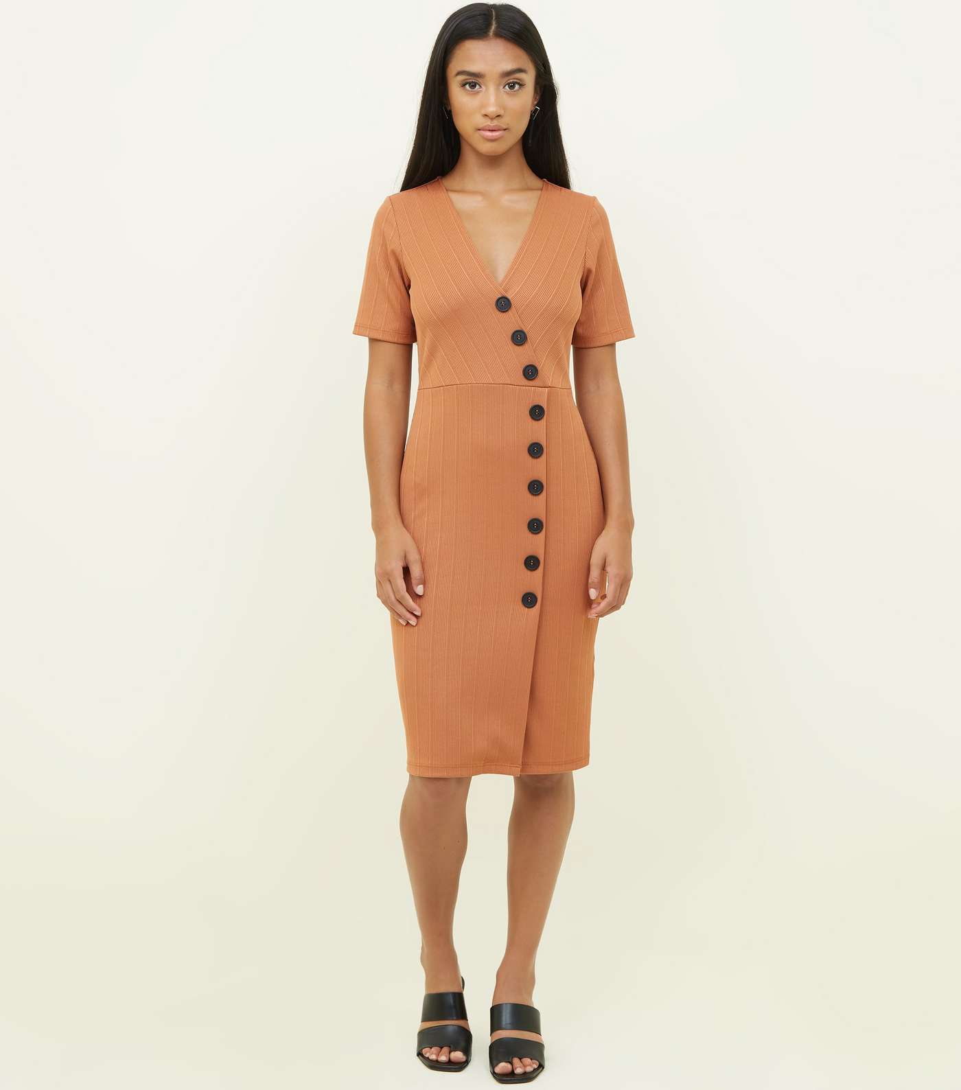 Petite Rust Ribbed Jersey Button Wrap Bodycon Dress Image 2