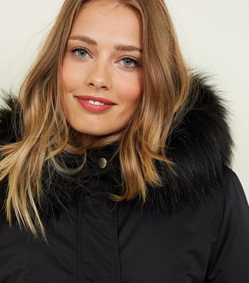 black pelted faux fur parka jacket