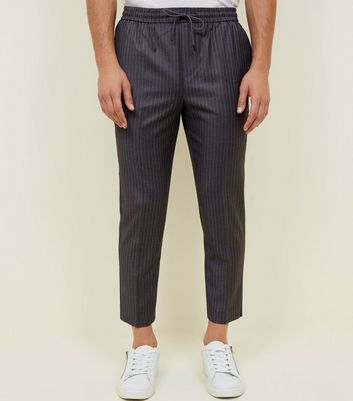 new look slim fit cropped trousers in grey pinstripe