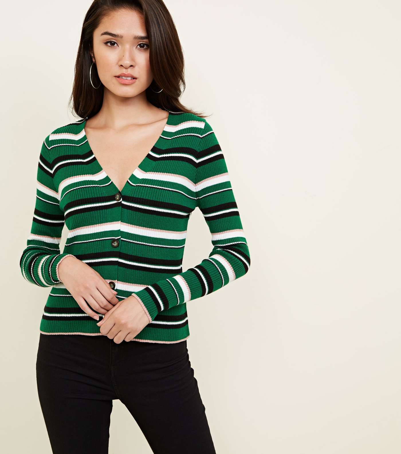 Green Multi Stripe Ribbed Cardigan Image 2